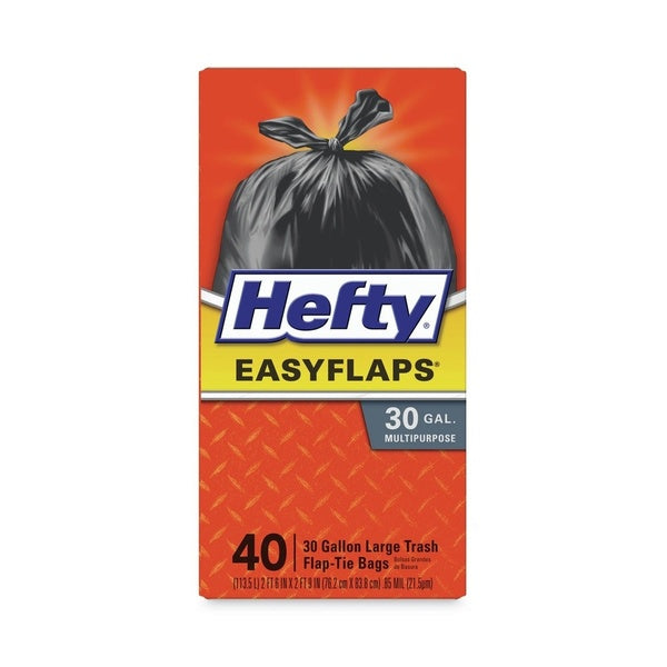 40-PACK OF Trash Liner Hefty PAC E27744 Easy Flaps 30-Gallon Trash Bags - 30 in. x 33 in. - Durable 0.85 mil Black Bags (40 Count)
