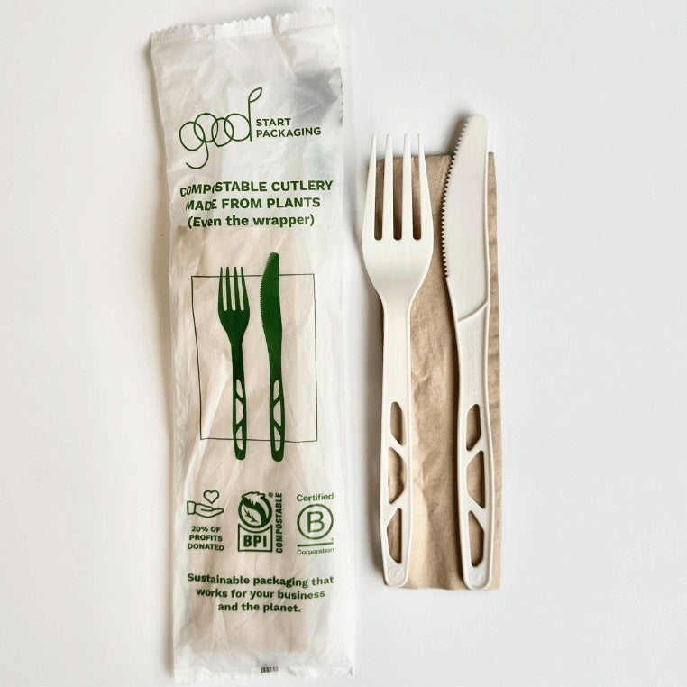 500-PACK OF UTENSIL KIT 6" Wrapped Compostable CPLA Fork & Knife Set w/ Napkin | 500 count
