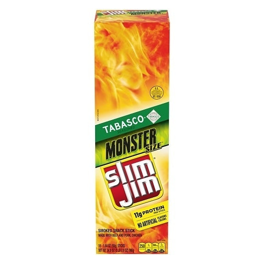 108-PACK OF Monster Tabasco Flavored Smoked Meat Snack Sticks Slim Jim, 6 - 18 - 1.94 Oz