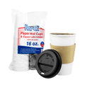 250-PACK OF Cup Paper Karat 250 sets 16 oz White Paper Coffee Cups with Black PP Sipper Lids & Cup Jackets
