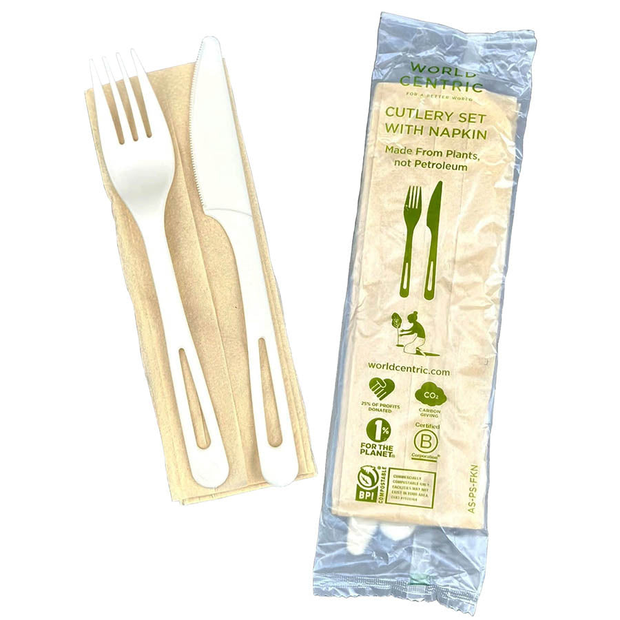 500-PACK OF CUTLERY SET World Centric 6" Compostable tPLA Fork, Knife & Napkin Set Individually Wrapped | 500 count