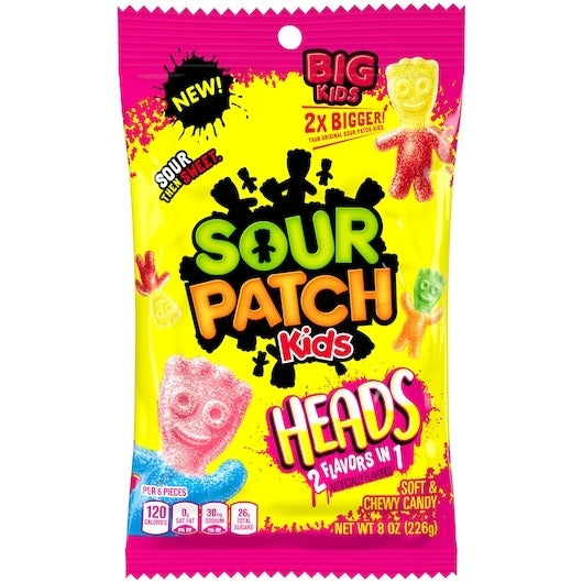 12-PACK OF Heads Soft Candy Peg Bag Sour Patch Kids Candy, 12 - 8 Oz