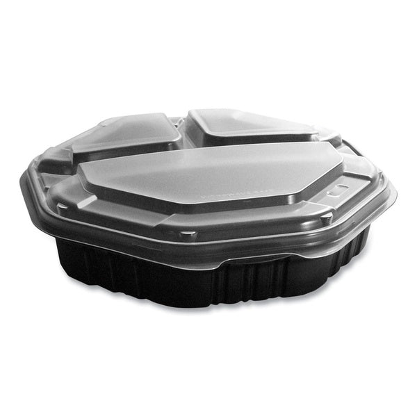 100-PACK OF Container Food SOLO 809014-PP94 OctaView 3-Compartment Plastic Hot Food Containers - 38 oz, Black/Clear, Perfect for Meal Display and Delivery (100/Carton)