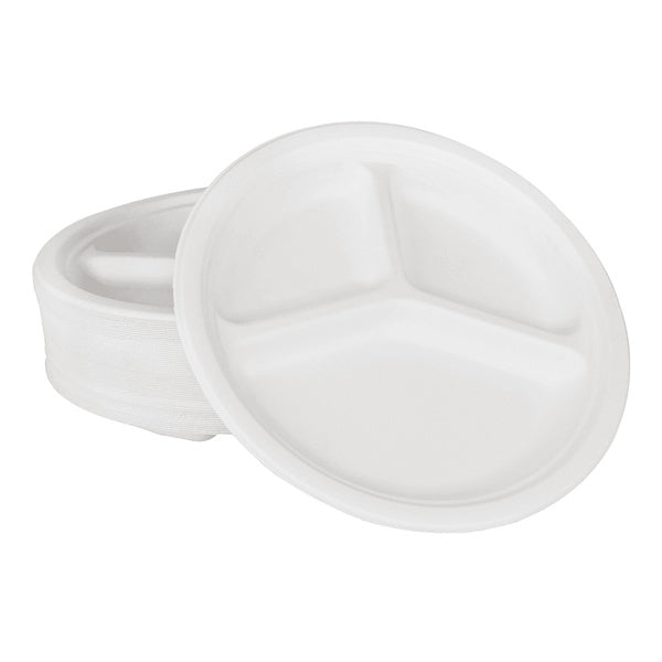 500-PACK OF Plate Round Karat Earth 3 Compartments, 10'' Molded Fiber Round Plates, PFAS Free, White - 500 pcs