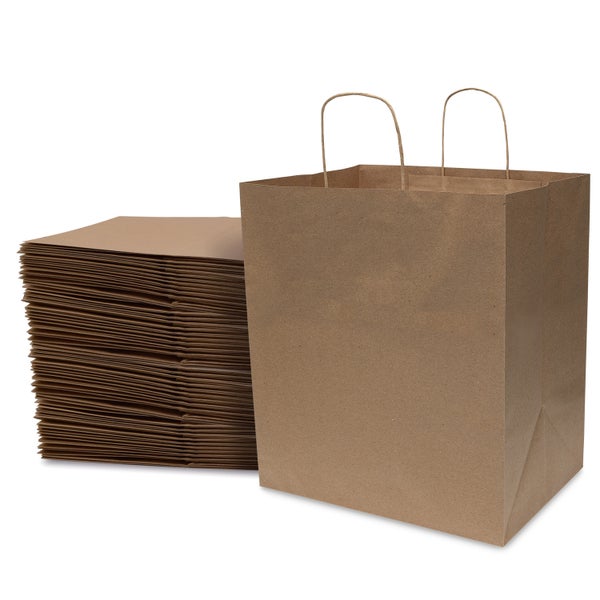 50-PACK OF Bag Paper 14x10x16.5 Inch 50 Count Brown 120 GSM Large Takeout Style Prime Line Packaging Kraft Paper Bags with Handles, Shopping Bags for Small Business, Restaurant, Retail, Delivery, in Bulk