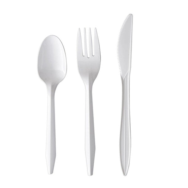 250-PACK OF Boardwalk BWK3KITWHPS 3-Piece Mediumweight Cutlery Set - Fork, Knife, and Teaspoon - White - 250 Count for Events and Takeout