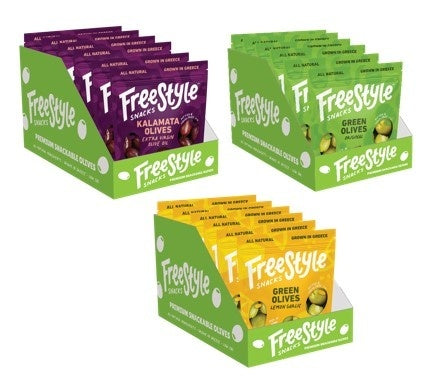18-PACK OF Snack Olives Mixed Master Case 4oz/6ct - 3cs - Kalamata, Green Olives, Lemon Garlic Olives