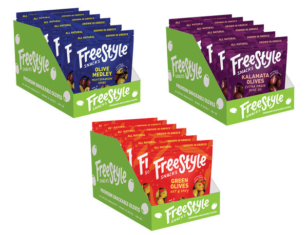 18-PACK OF Olive Snacks Mixed Case 18ct - Kalamata, Mediterranean Herb & Spicy