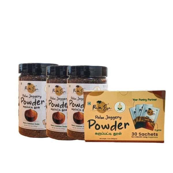 4-PACK OF Shastha Palm era Jaggery Powder Combo - Jar 3 & Sachets 1 - Pack of 4 Total - 1200g