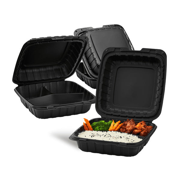 200-PACK OF Container Takeout Karat Earth 8" x 8" Mineral Filled PP Hinged Container, Black, 3 compartments - 200 pcs