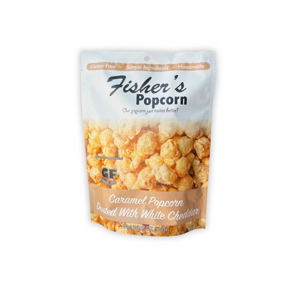 50-PACK OF Popcorn Caramel Dusted w/ White Cheddar Small Pouch, Fisher’s Popcorn