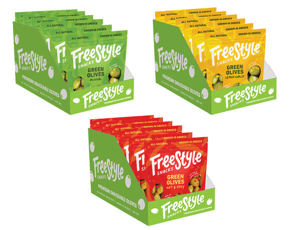 18-PACK OF Olive Snacks Mixed Case 18ct - Green Original, Lemon Garlic & Spicy