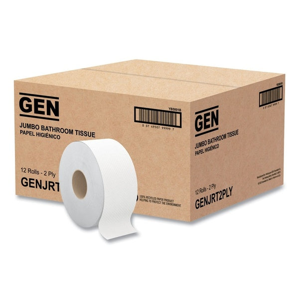 12-PACK OF GEN B5001 JRT Jumbo Bath Tissue - 2-Ply, 3.25" x 720 ft, White - 12 Rolls per Carton, Ideal for High-Traffic Restrooms