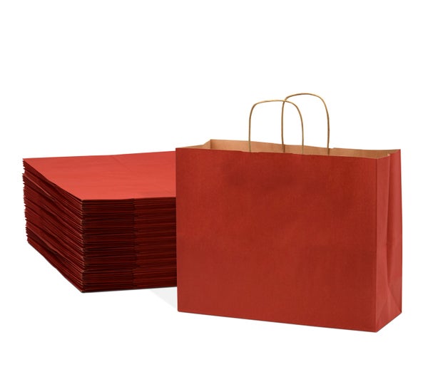 50-PACK OF Bag Paper 16x6x12 Inch 50 Count Red 120 GSM Large Prime Line Packaging Kraft Paper Bags with Handles, Shopping Bags for Small Business, Restaurant, Retail, Delivery, in Bulk