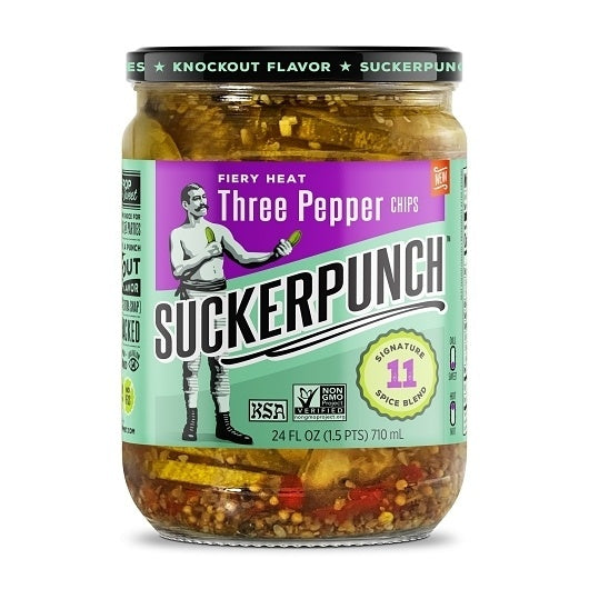6-PACK OF Fiery Heat Three Pepper Pickle Chips Jar Suckerpunch Gourmet, 6 - 24 Fo