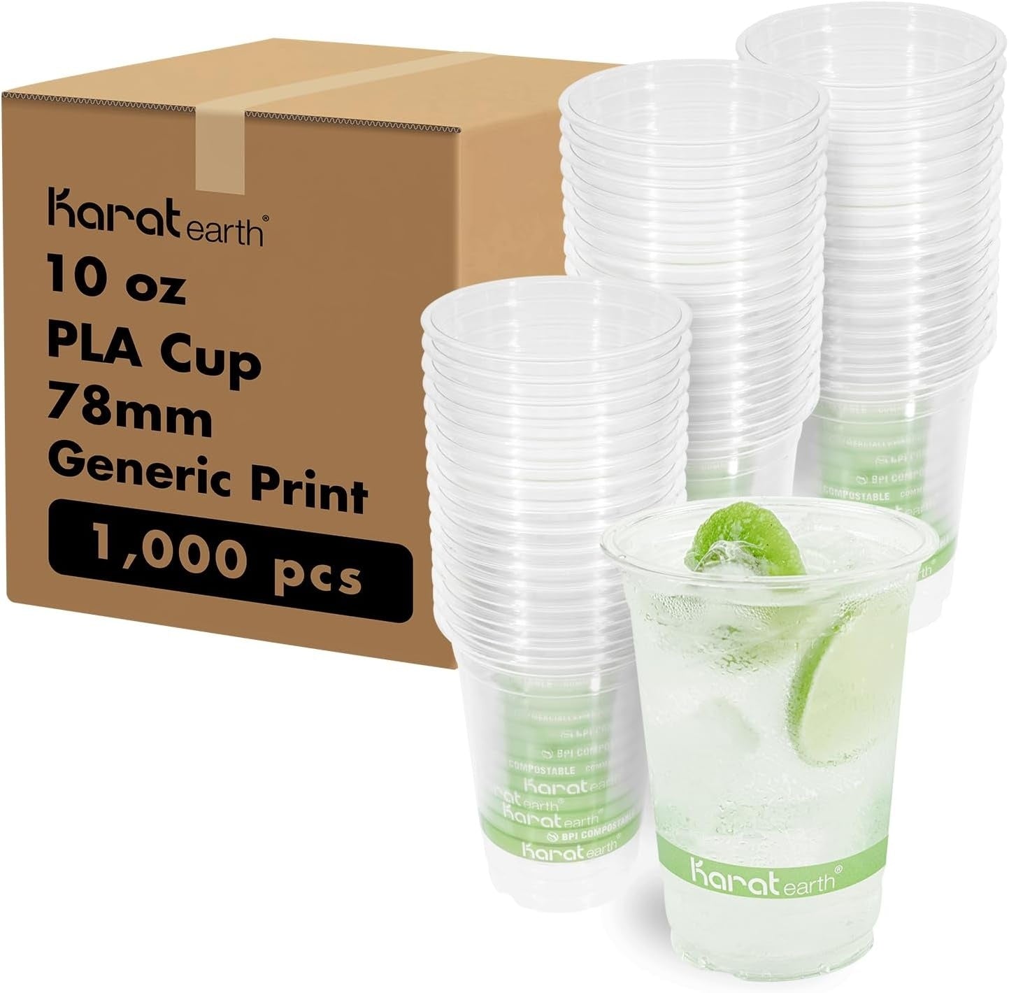 1000-PACK OF Cup Poly Karat Earth 10oz PLA Eco-Friendly Cups (78mm), Generic Print - 1,000 pcs