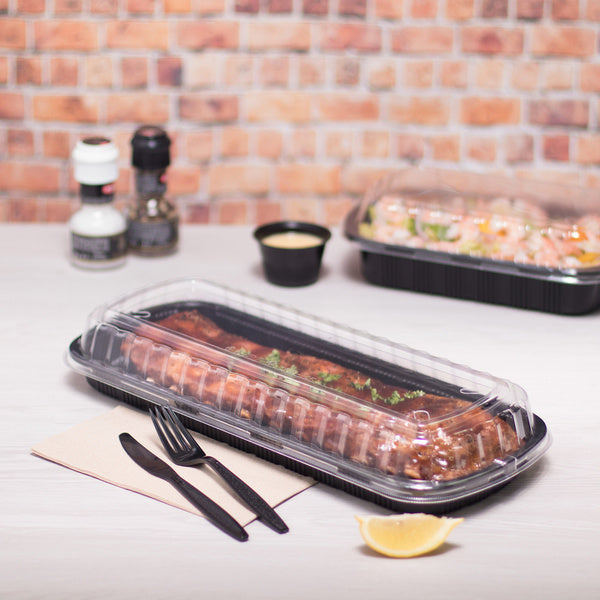 100-PACK OF Container Takeout Karat 100 ct Full Slab Black PP Plastic Rib Container with Clear OPS lid