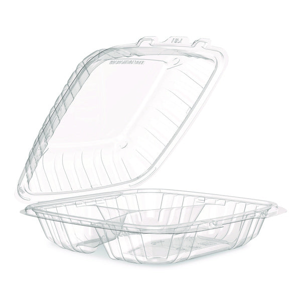 150-PACK OF Dart 90PPHT3 9 in. x 8.75 in. x 3 in. 3-Compartments ProPlanet Microwaveable Plastic Hinged Containers - Clear (150/Carton)