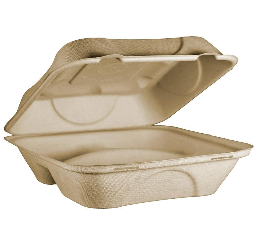 300-PACK OF CONTAINER TAKEOUT World Centric 9x9x3" 3-Compt Compostable Fiber Clamshells | No PFAS | 300 count