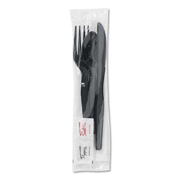 250-PACK OF Dixie Wrapped Cutlery Set - Heavyweight Polystyrene Fork, Knife, Spoon, and Napkin Packets in Black - 250 Count Carton for Elegant Dining