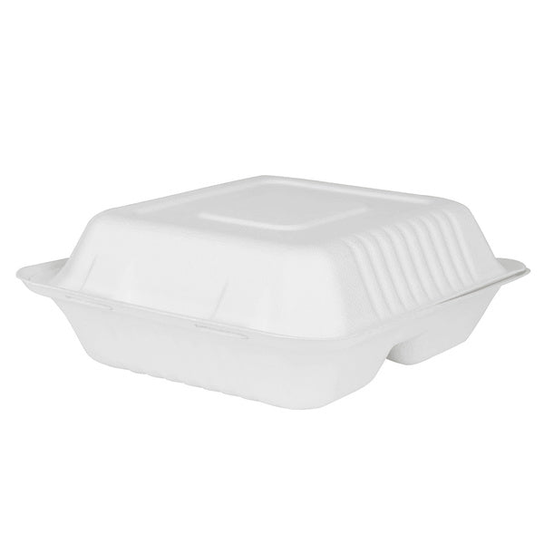 200-PACK OF Container Takeout Karat Earth 3 Compartments, 8''x8'' Molded Fiber Hinged Containers, PFAS Free, White - 200 pcs