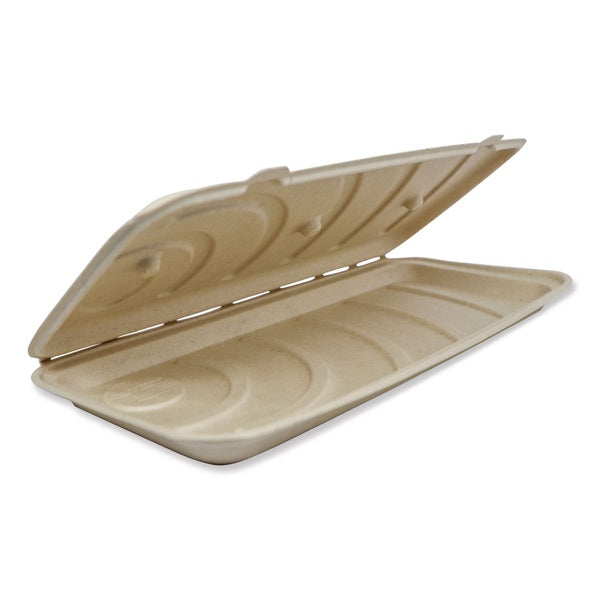 200-PACK OF World Centric PB-SC-U13-LFS 13.7 in. x 6.6 in. x 1.3 in. Fiber Hinged Paper Containers - Natural (200/Carton)