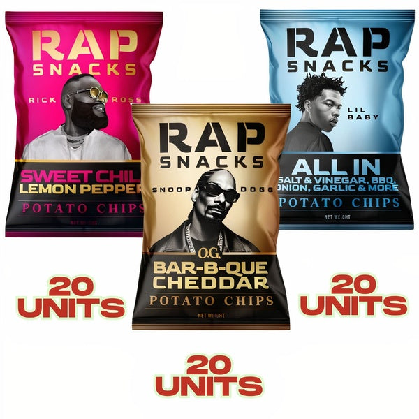 60-PACK OF Snack Potato Chip Variety Box 2 (All In, OG BBQ Cheddar Chips, Sweet Chili Lemon Pepper) Rap Snacks, AI Distribution