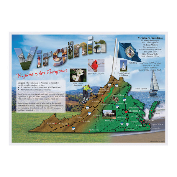 1-PACK OF PLACEMAT PAPER MAP OF VIRGINIA