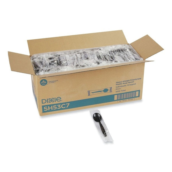 1000-PACK OF Cutlery Plastic Dixie SH53C7 Heavyweight Polystyrene Soup Spoons - Individually Wrapped Black Utensils (1000 Count)