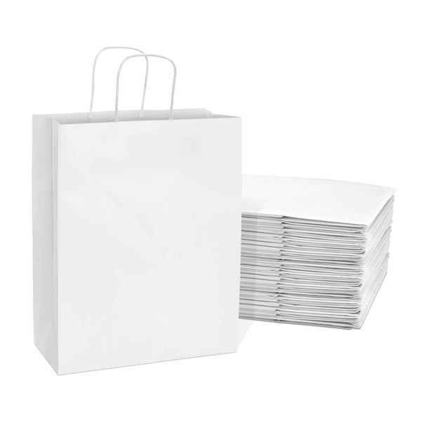 25-PACK OF Bag Paper 10x5x13 Inch 25 Count White 120 GSM Medium Prime Line Packaging Kraft Paper Bags with Handles, Shopping Bags for Small Business, Restaurant, Retail, Delivery, in Bulk