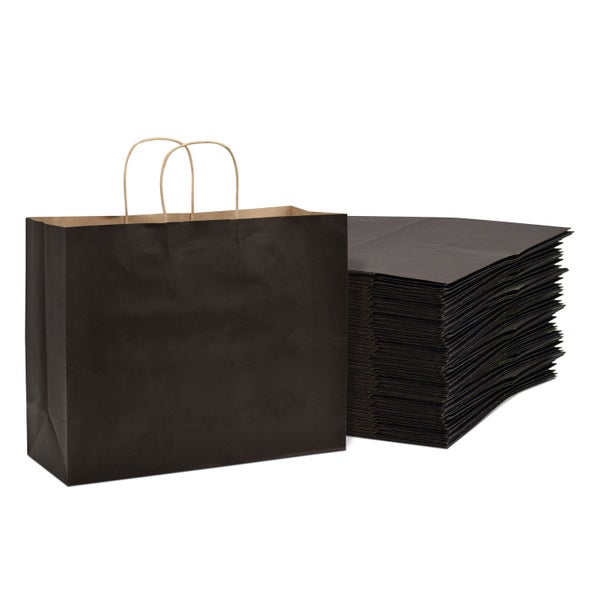50-PACK OF Bag Paper 16x6x12 Inch 50 Count Black 120 GSM Large Prime Line Packaging Kraft Paper Bags with Handles, Shopping Bags for Small Business, Restaurant, Retail, Delivery, in Bulk