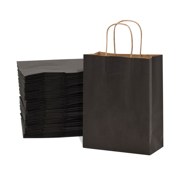 50-PACK OF Bag Paper 8x4x10 Inch 50 Count Black 120 GSM Small Prime Line Packaging Kraft Paper Bags with Handles, Shopping Bags for Small Business, Restaurant, Retail, Delivery, in Bulk
