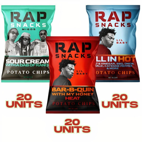 60-PACK OF Snack Potato Chip Variety Box 1 (Sour Cream + Ranch, BBQ Honey Heat, All In Hot) Rap Snacks, AI Distribution
