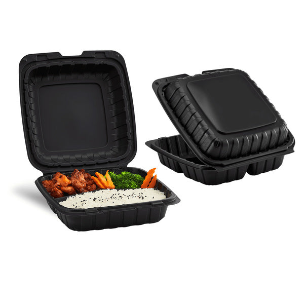 120-PACK OF Container Takeout Karat Earth 9" x 9" Mineral Filled PP Hinged Container, Black, 3 compartments - 120 pcs