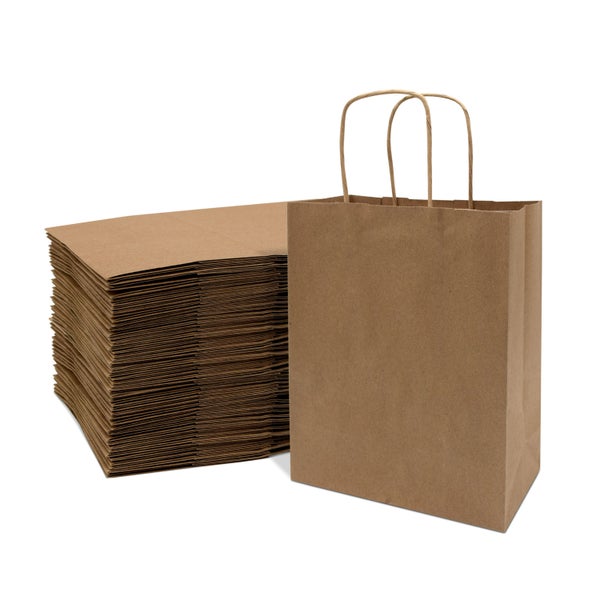 50-PACK OF Bag Paper 8x4x10 Inch 50 Count Brown 120 GSM Small Prime Line Packaging Kraft Paper Bags with Handles, Shopping Bags for Small Business, Restaurant, Retail, Delivery, in Bulk