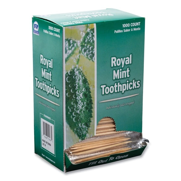 15000-PACK OF AmerCareRoyal RM115 Premium Mint Cello-Wrapped Toothpicks - Natural Birch (15000 Count Carton)